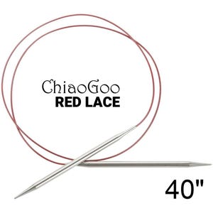 May include: A 40-inch long, silver, circular knitting needle with a red cord. The needle is made by ChiaoGoo and is labeled "RED LACE".