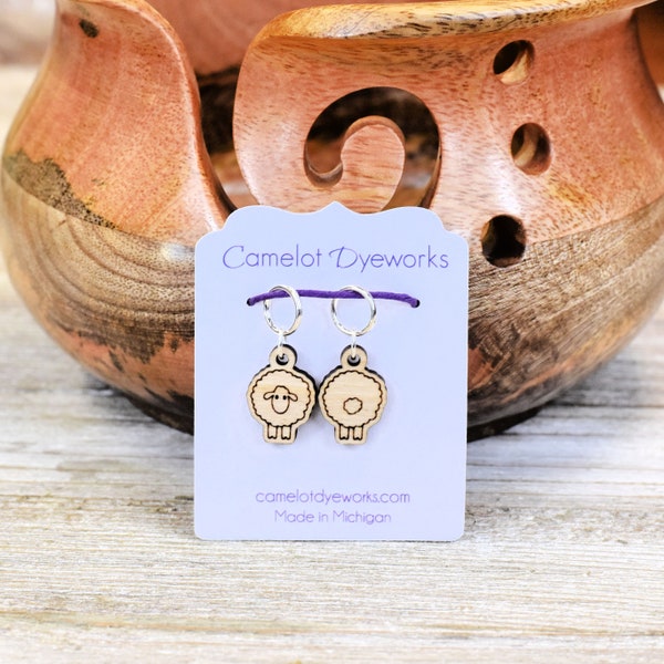 Set of 2 Stitch Markers, Sheep Front and Back, Laser Engraved Wood Stitch Markers