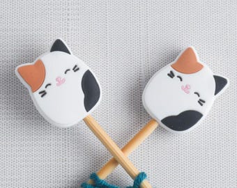 Squishy Cat Silicone Stitch Stoppers - Set of 2 - Knitting Needle Point Protectors, Stitch Holders, Needle Stoppers