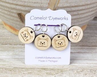 Set of 4 Stitch Markers, Cat Faces, Laser Engraved Wood Stitch Markers, Cat Stitch Markers