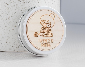 Knitting Tin Storage Container - Happiness is Knitting - Stitch Marker Holder, Storage Tin, Knitting Storage
