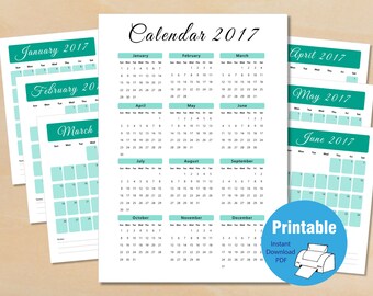 2017 Calendar, Printable Calendar, emerald, Printable Monthly Calendar, Calendar Pages, Calendar PDF, Instant Download, Simple Calendar