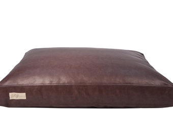 grey leather dog bed