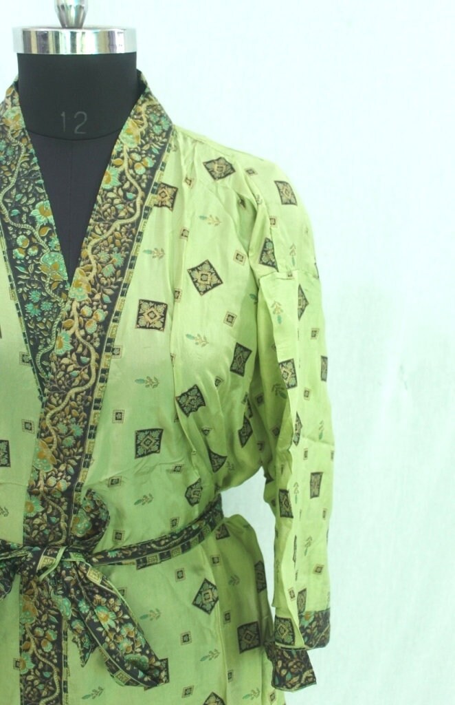 Green Silk Kimono Robe Jacket Dressing Gown Oriental Floral Etsy