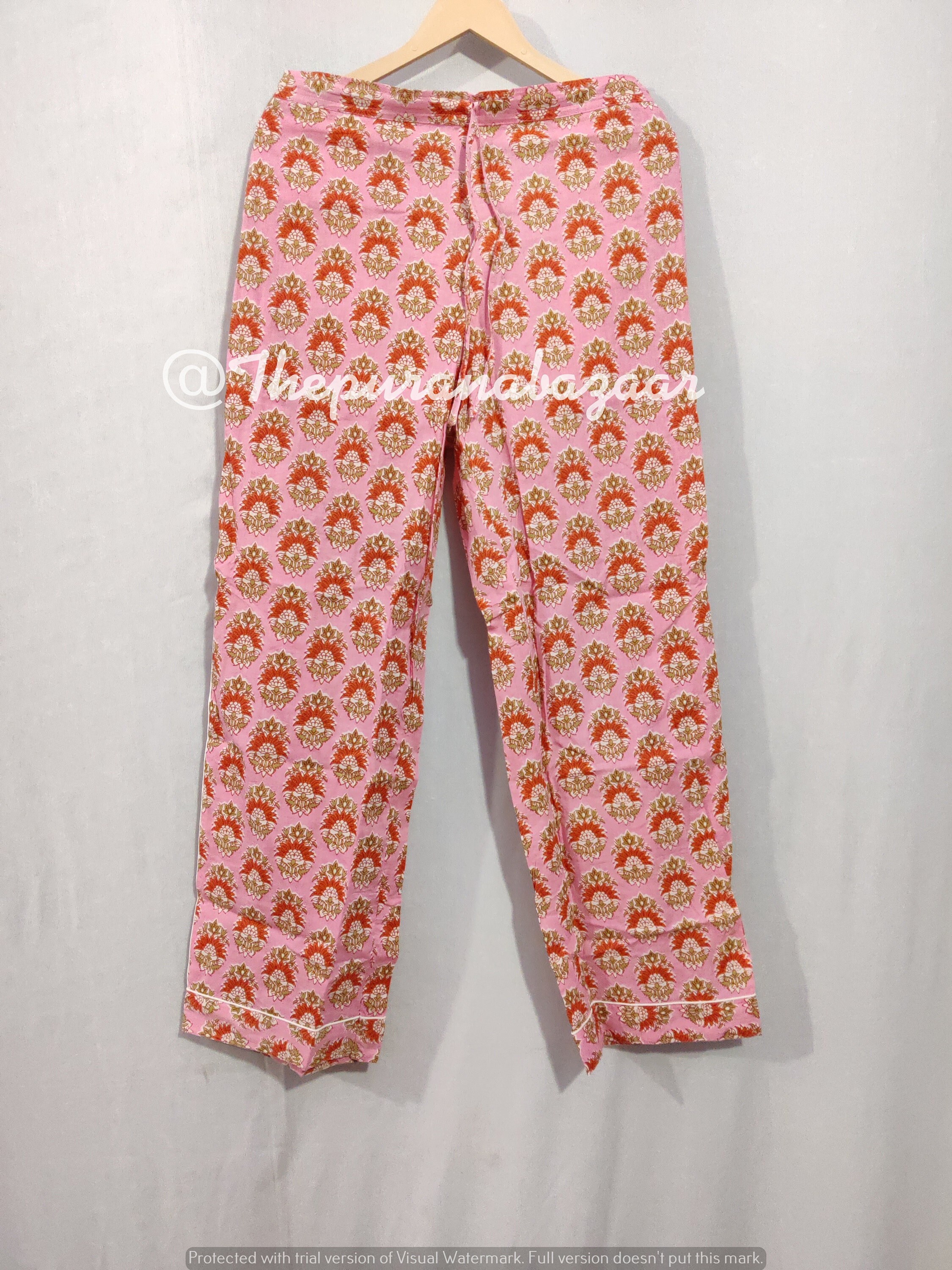 Floral Print Cotton Pajama Pants, Women Lounge Pants, Beach Pants