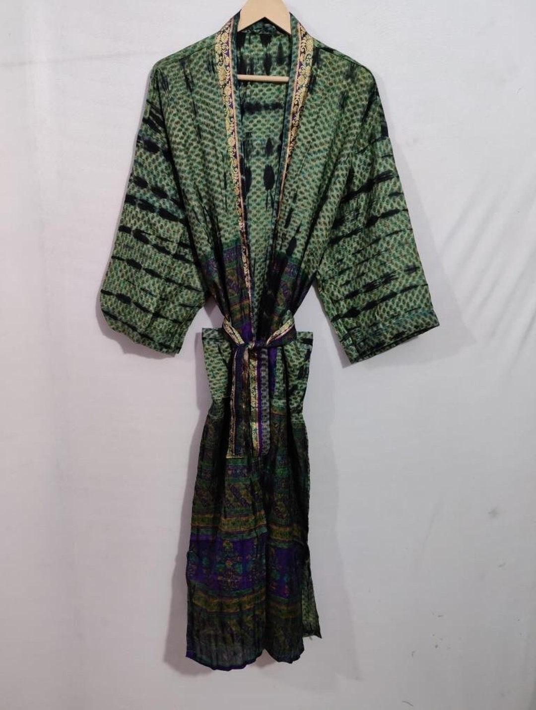 Pure Silk Sari Robe Tie Dye Kimono Robes Beach Cover up Hand Tie Dyed