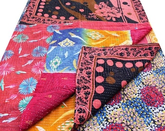 Free Shipping - Reversible Cotton Kantha Quilt Handmade Indian Kantha Quilt Old Kantha Throw Vintage Blanket