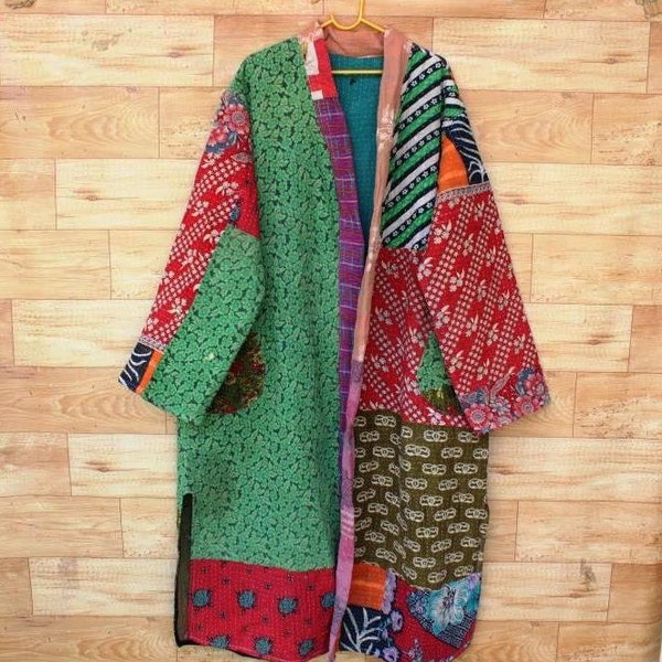 Vrouwen Kantha jas, unieke omkeerbare, hand gewatteerde jas, Boho slijtage, Kantha vacht, handgemaakte, Vintage jas, Festival fashion, middellange #GJ200