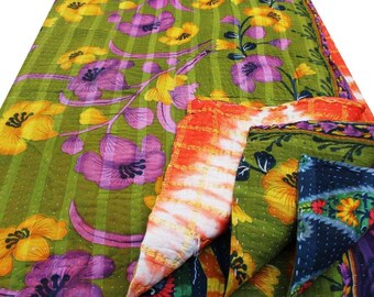 BOHO TWIN KANTHA quilt bedspread bed cover / bohemian bedding rustic home decor / gypsy throw picnic rug / coverlet home decor kantha
