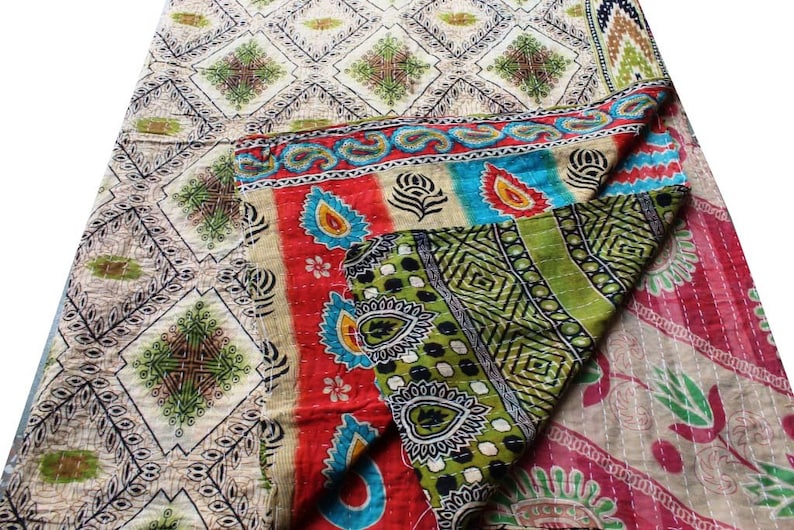 Homemade Vintage Kantha Indische Quilt Throw Bedspread Gudri Ralli India Artisan Twin Cotton Old Sari Reversible Boho Kantha Blanket