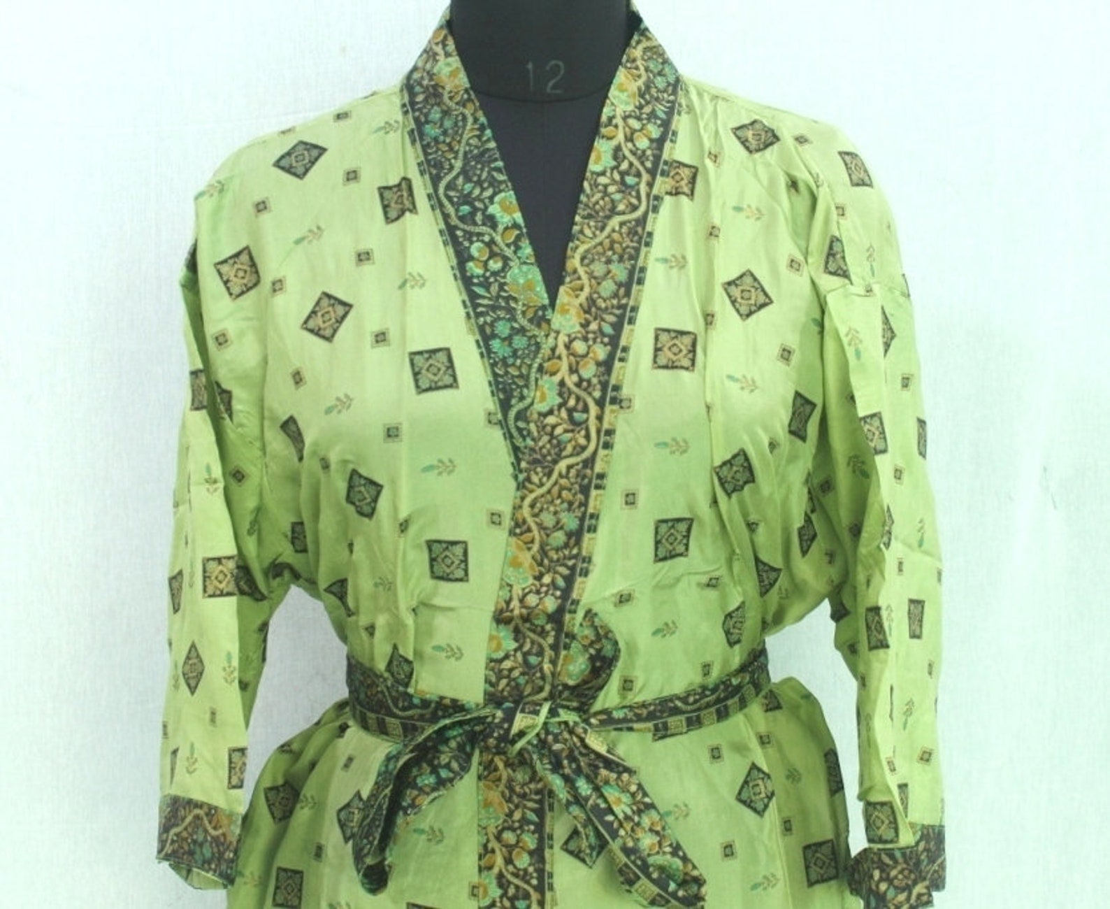 Green Silk Kimono Robe Jacket Dressing Gown Oriental Floral Etsy