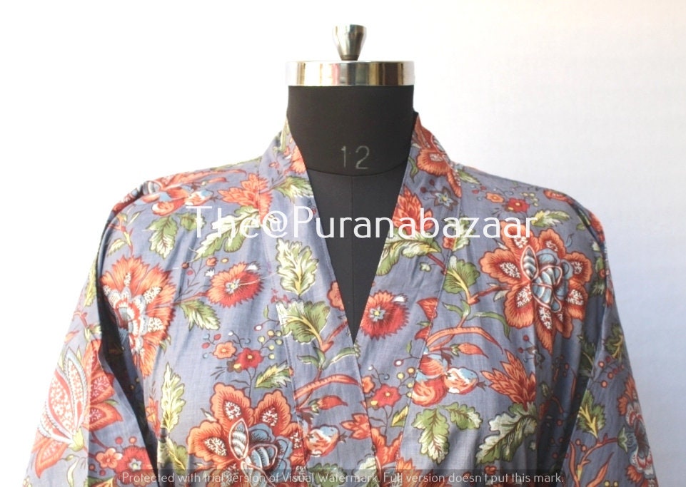 Long Cotton Kimono Handmade Floral Print Cover up Bath Robes | Etsy