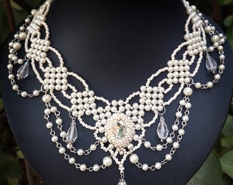Gothic Pearl Bridal Necklace: Crystal Beaded Victorian Jewelry