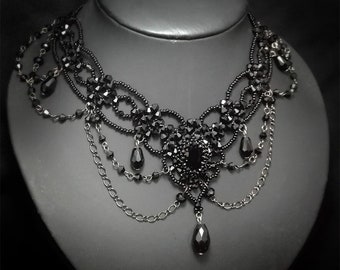 V Dark/dark gothic necklace/beaded necklace/bridal black necklace/crystal beaded goth/victorian necklace and earrings