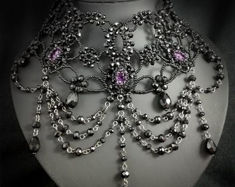 Crystal beaded goth necklace, statement choker necklace, victorian handmade