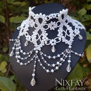 Gothic Victorian White Crystal Choker: Handwoven Statement Necklace