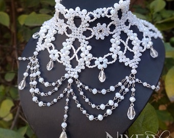 Gothic Victorian White Crystal Choker: Handwoven Statement Necklace