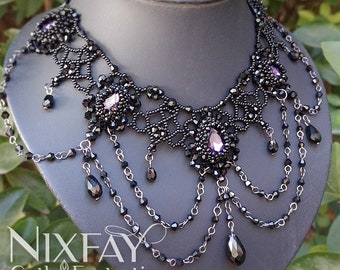 Gothic Victorian statement necklace, beaded Victorian inspired necklace, fancy crystal necklace, goth wedding jewelry, handmade necklace