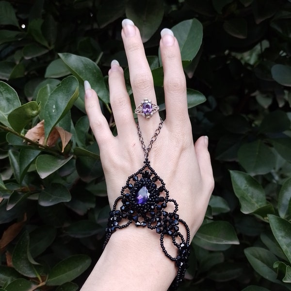 Slave bracelet/ ring bracelet /fairy jewelry / crystal gauntlet / goth fantasy bracelet / boho gifts