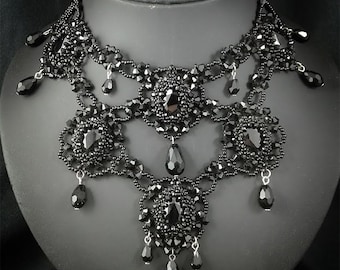 Beaded Gothic Victorian Necklace: Czech Crystal Rhinestone Bib necklace