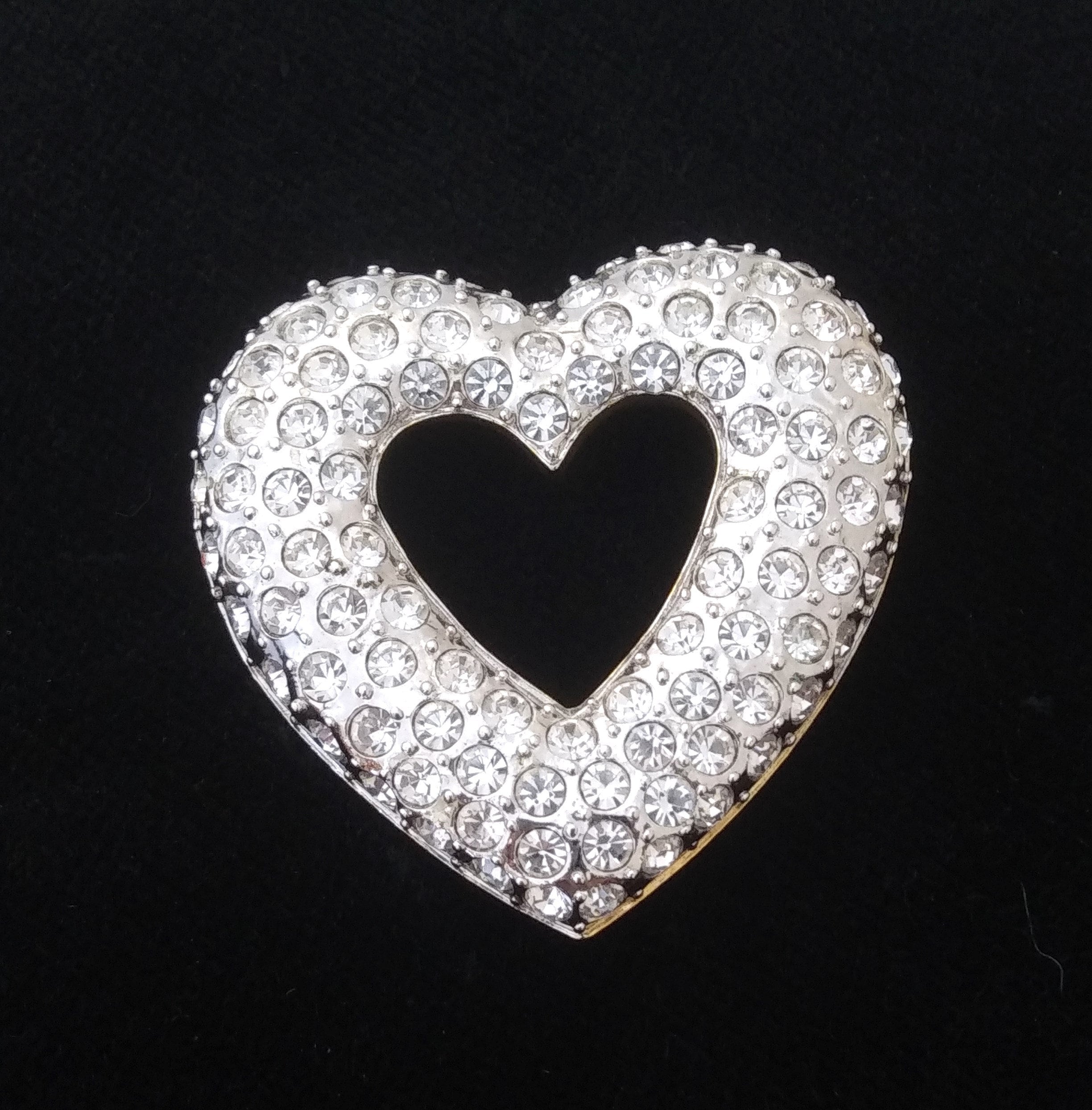 Erwin Pearl Heart Brooch Clear Crystal Rhinestone Vintage