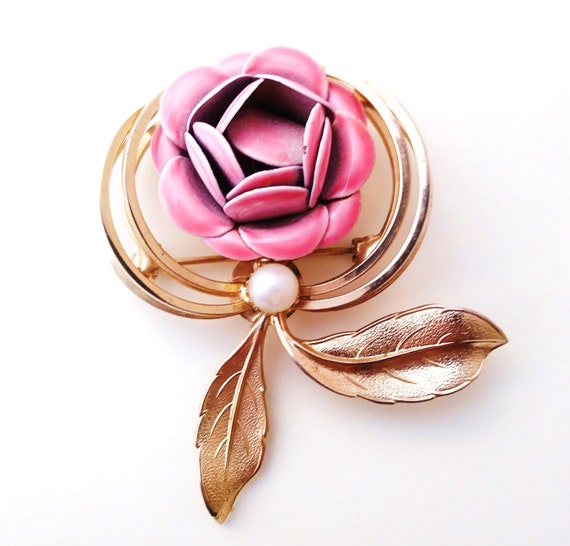 1960s Pink Rose Flower Enamel Pearl Brooch Pin Vintage Gold  display picture 1