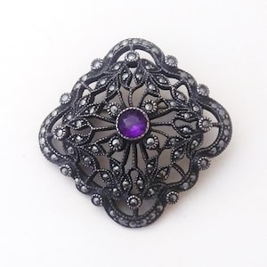Amethyst Marcasite Sterling Silver Brooch Judith Jack vintage pin Victorian Edwardian
