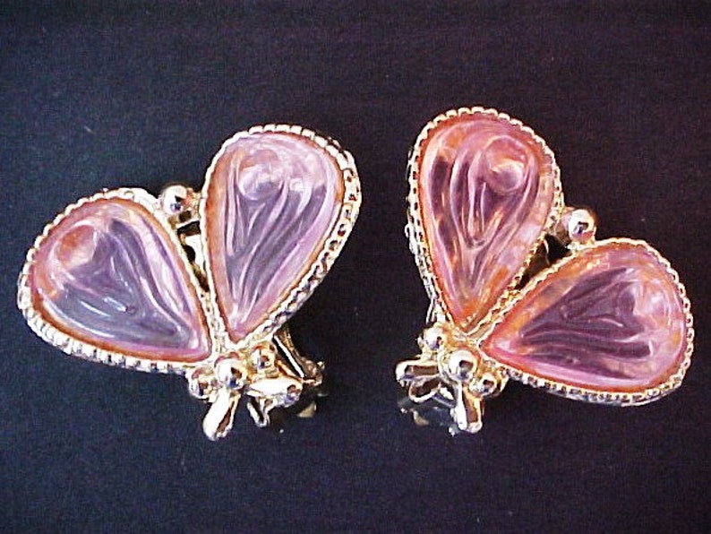 Pink Moth Butterfly Earrings faux molded glass vintage bug fly clips Lucite plastic
