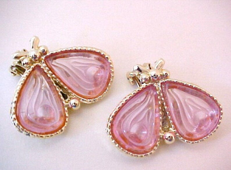 Pink Moth Butterfly Earrings faux molded glass vintage bug fly clips Lucite plastic