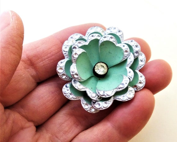 Blue Green Enamel Flower Brooch Earrings Set from… - image 2