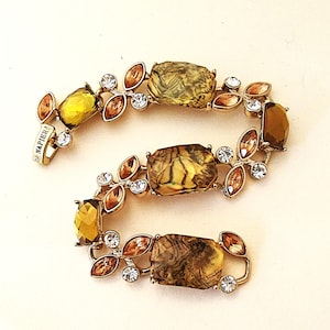 Napier Rhinestone Bracelet Golden Brown Olive Art Glass Cabochon gold link vintage