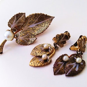 Spanish Toledo Damascene Pearl Pin & Earrings set vintage Spain