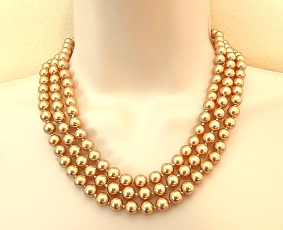 Kenneth Jay Lane Champagne Pearls Necklace 3 Stra… - image 1