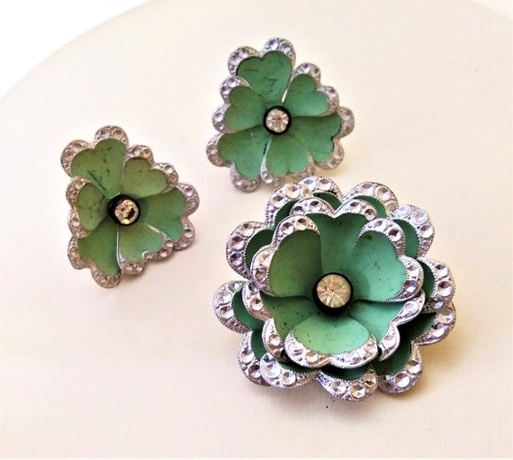 Blue Green Enamel Flower Brooch Earrings Set from… - image 1