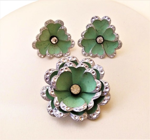 Blue Green Enamel Flower Brooch Earrings Set from… - image 7