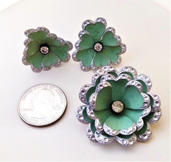 Blue Green Enamel Flower Brooch Earrings Set from… - image 5