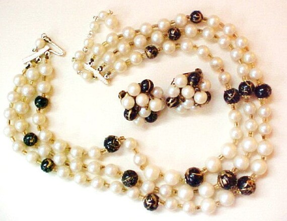 1950s Pearl Black Gold Art Bead Necklace Earrings Set Multi
