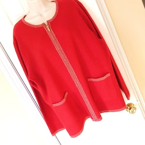 Long Bright Red Boiled Wool Zipper Jacket 20 22W Gold metallic trim with original tags! unworn