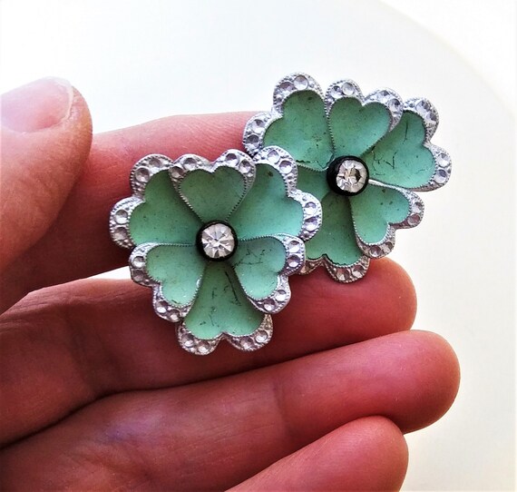 Blue Green Enamel Flower Brooch Earrings Set from… - image 3