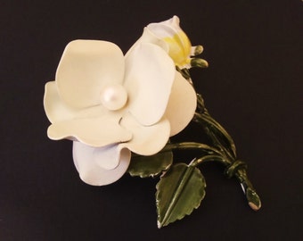 Creamy White Enamel & Pearl Flower Brooch vintage camellia long stemmed yellow green