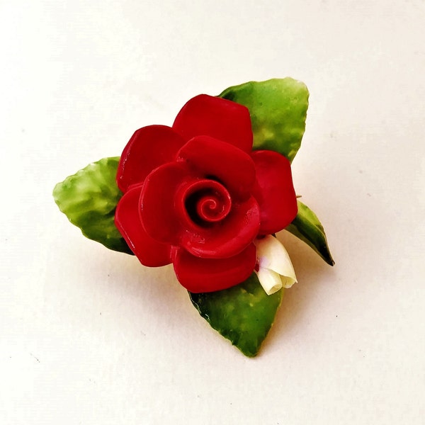 Red Cara China Enamel Rose pin Staffordshire England flower bridal bouquet