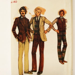 May include: Three men's fashion illustrations showing different styles of jackets and pants. The man on the left is wearing a brown blazer with tan pants. The man in the center is wearing a tan blazer with brown pants. The man on the right is wearing a brown vest with plaid pants.