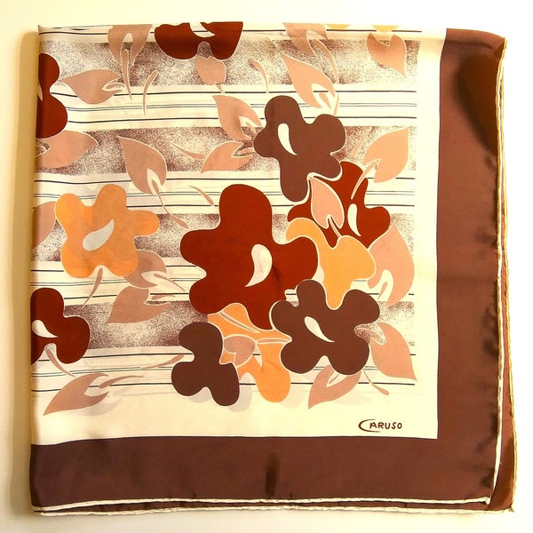 Big Caruso Italian Silk Floral Brown Cream Tan Taupe vintage 33" square