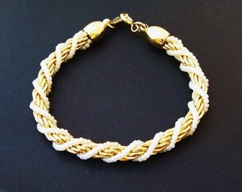 Trifari Twisted Rope Bracelet Faux Seed Pearl And Gold vintage