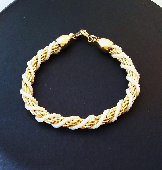 Trifari Twisted Rope Bracelet Faux Seed Pearl And Gol… - Gem