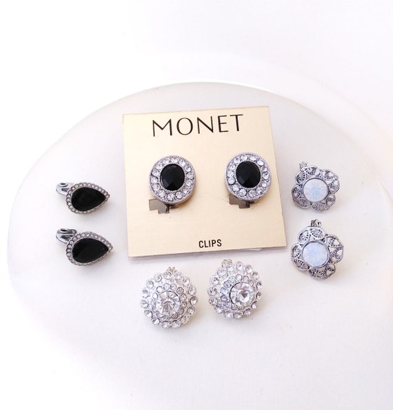 4 Pair Vintage Monet Silver Earrings clips clear r