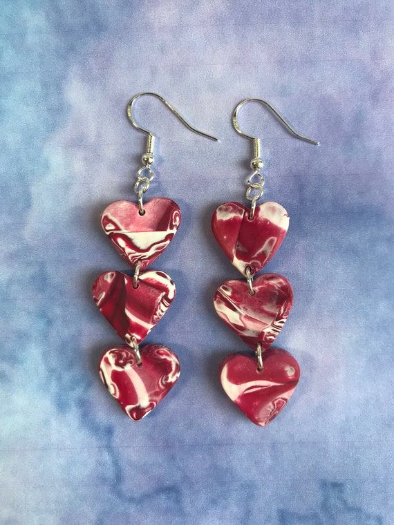 Red and White Marbled Heart Earrings Three Hearts Earrings | Etsy