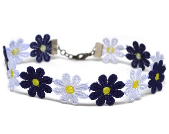 White Blue Flower Chain Hippie Daisy Chain Choker Necklace- gift for her hippie daisy chain