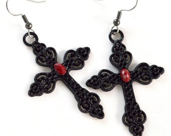 Gothic Cross Earrings - Black -  Gothic Earrings - Red - Free US Shipping