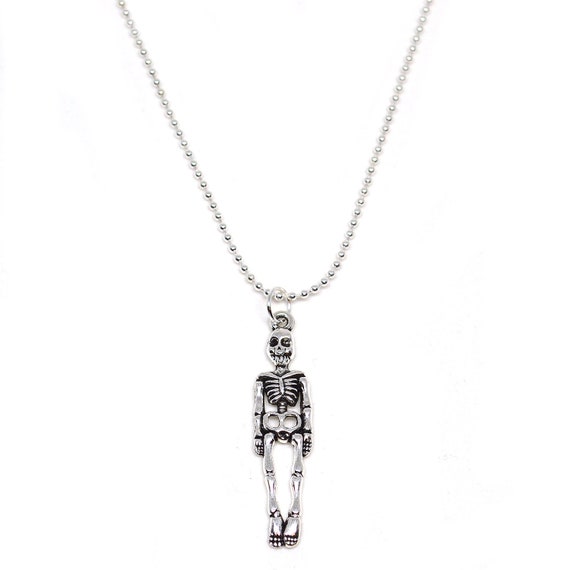 Skeleton Jewelry Silver Tone Necklace - 16 Inch Chain - Halloween Accessories Gothic Rebel Punk Nu Goth Alternative Creepy Pendant